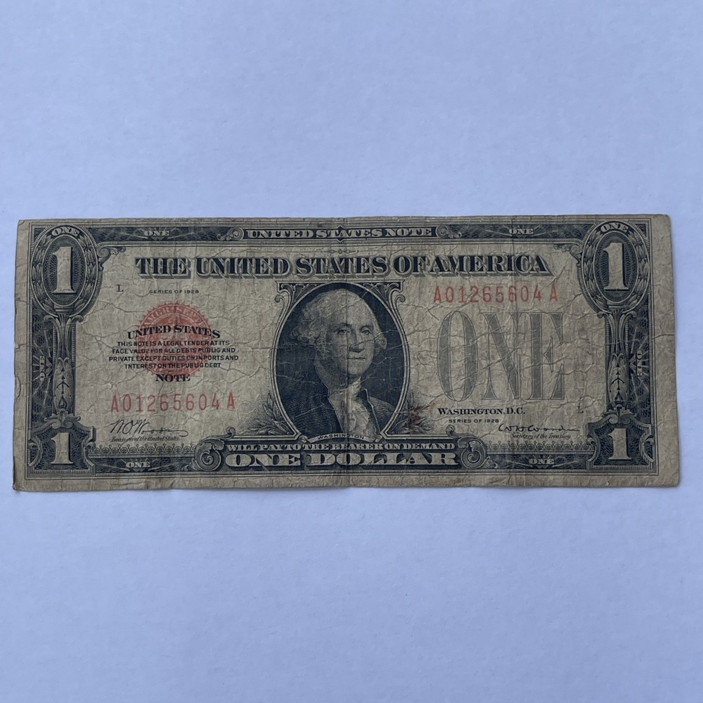 1928 $1 United States Note Red Seal Fr. 1500 Woods Woodin Funny Back Rare